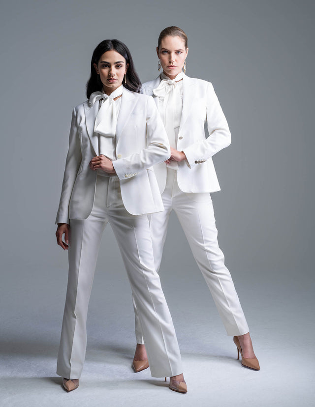 Julia (left), Ivory Flare Trouser, Katie (right), Ivory Ankle Pant
